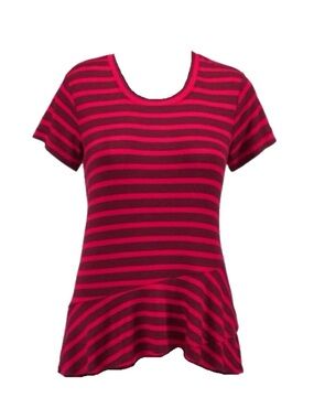 CAbi Sweet Talk #3631 Red/Burgundy Striped Short-Sleeve Asymmetrical Peplum Top